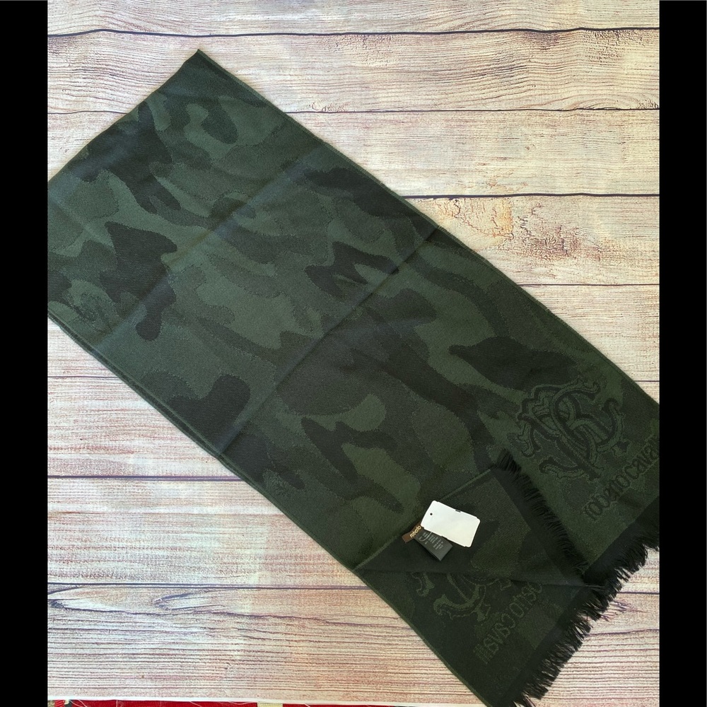 NWT $285 Roberto Cavalli Wool-Blend Camo Olive Scarf Made in Italy
